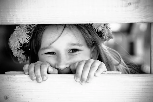 Pequena Menina Caucasiana Bonito Com Coroa Dente Leão Imagem Monocromática — Fotografia de Stock