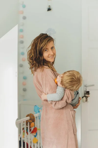 Mother Cute Little Son Nipple Together Bedroom — Stock Photo, Image