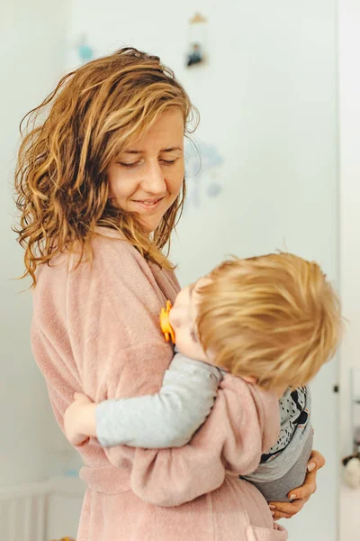 Mother Cute Little Son Nipple Together Bedroom — Stock Photo, Image