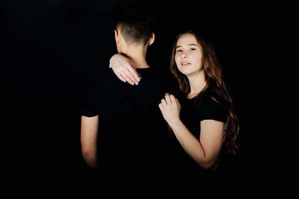 Young Lovely Couple Posing Studio Black Background — 스톡 사진