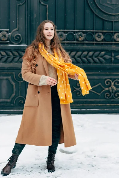 Jovem Menina Elegante Casaco Marrom Cachecol Amarelo Posando Livre Temporada — Fotografia de Stock