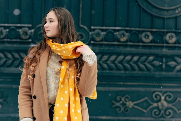 Jovem Menina Elegante Casaco Marrom Cachecol Amarelo Posando Livre Temporada — Fotografia de Stock