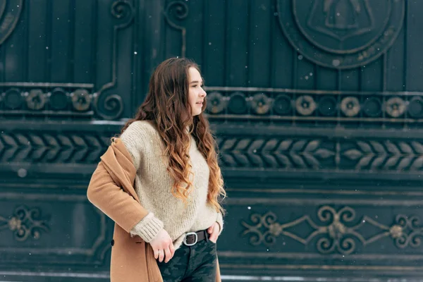 Jovem Menina Elegante Casaco Marrom Posando Livre Temporada Inverno — Fotografia de Stock