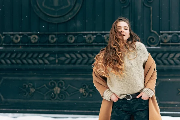 Jovem Menina Elegante Casaco Marrom Posando Livre Temporada Inverno — Fotografia de Stock
