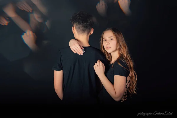 Young Lovely Couple Posing Studio Black Background — 스톡 사진