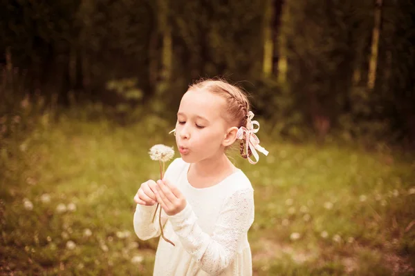 Porträt Eines Kleinen Mädchens Das Auf Löwenzahnblumen Bläst — Stockfoto