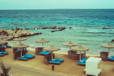 Saman şemsiyealtında şezlonglu Kızıldeniz sahil beldesi 