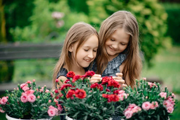 Parkta Çiçekli Iki Mutlu Kız — Stok fotoğraf