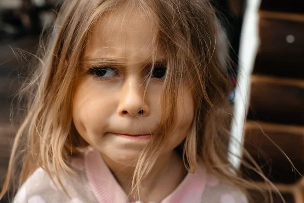 Close Portrait Little Girl Long Hair Brown Eyes Angry Displeased — Stock Photo, Image