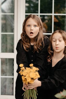 Şaşırmış yüzlü kızlar karahindiba çiçeklerinden bir buket çiçek tutarlar. Yazın kırsalda dinlen. Mutluluk ve pozitif kavramı. Uzayı kopyala Tonlama.