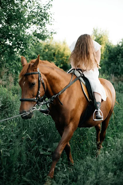 Girl Rides Horse Beautiful Summer Day Long Mane Background Forest — Stock Photo, Image