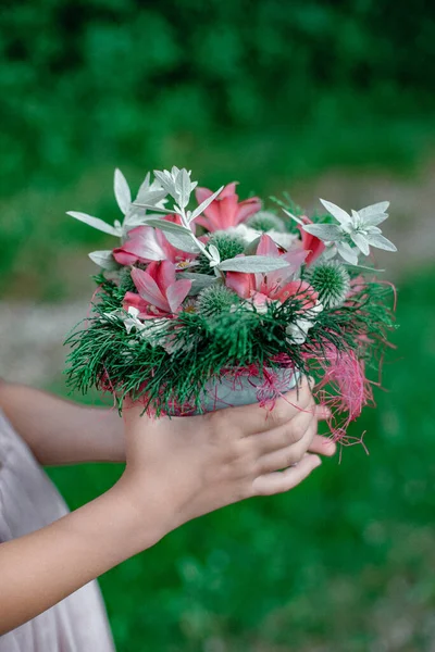 Little Girl Holding Bouquet Flowers Her Hands Nature Plants Holiday — Stock Photo, Image