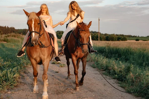 Dos Chicas Montan Caballos Marrones Toman Mano Una Melena Larga —  Fotos de Stock