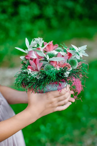 Little Girl Holding Bouquet Flowers Her Hands Nature Plants Holiday — Stock Photo, Image