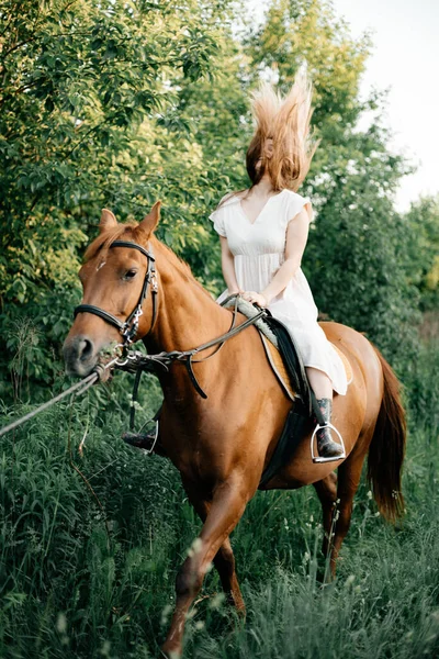 Dziewczyna Jeździ Koniu Piękny Letni Dzień Długa Grzywa Tle Znajduje — Zdjęcie stockowe