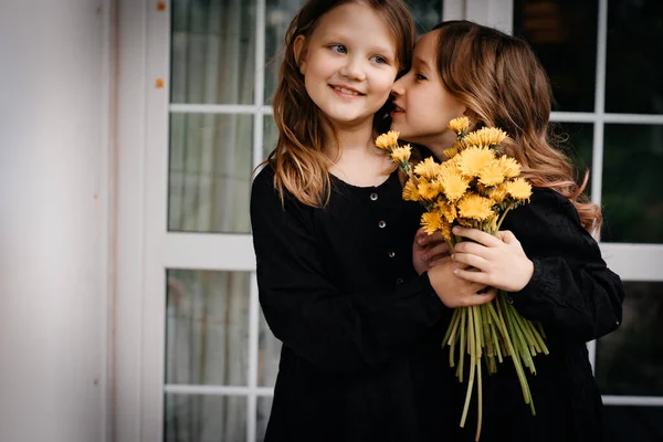 Close Profile Little Girls Black Dresses Telling Secrets Each Other — Stock Photo, Image