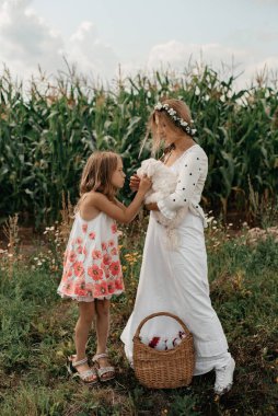 Beyaz elbiseli bir anne ve kızı mısır tarlasının yanında küçük beyaz bir köpeği okşuyor, yanında bir sepet duruyor. Tasasız çocukluk. Mutluluk ve eğlence konsepti.