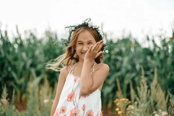トウモロコシ畑を背景にポーズをとったドレス姿の小さな笑顔のブルネットの女の子 夏の晴れた日 幸せと楽しいコンセプト 子供時代の世話 — ストック写真