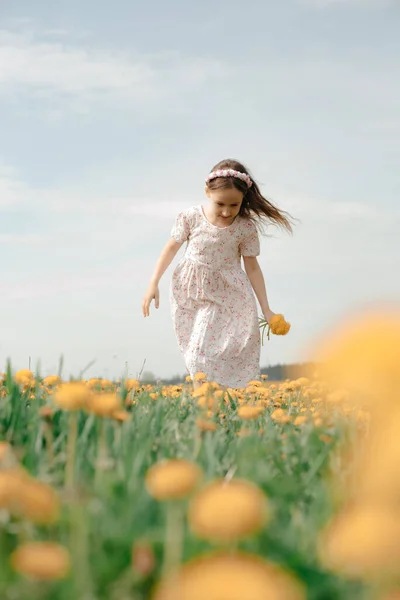 Little Girl White Dress Collects Dandelions Summer Day Field Carefree — Stock Photo, Image