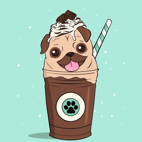 Creative conceptual still life illustration. Cute pug dog in takeaway coffee cup.