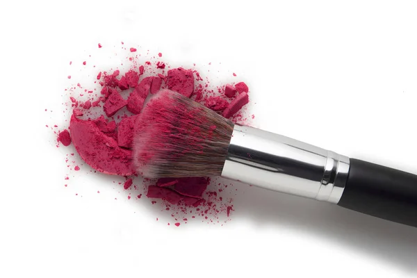 Creative concept beauty fashion photo of cosmetic product make up brushes kit with smashed lipstick eyeshadow on white background. — Stock Image Creative Concept Beauty Fashion Photo Cosmetic Product Make Brushes Kit Stock Photo