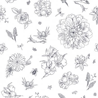 Çiçek süsü ile Desen, toile de jouy. Bahçe çiçekleri sorunsuz arka plan. El çizilmiş illüstrasyon vintage tarzı