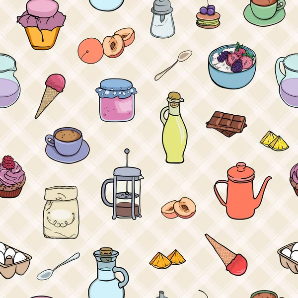Kochen Bäckerei, Süßigkeiten, Frühstückstee und Kaffee nahtlosen Hintergrund. Vektor Illustration schmackhaftes Essen — Stockvektor