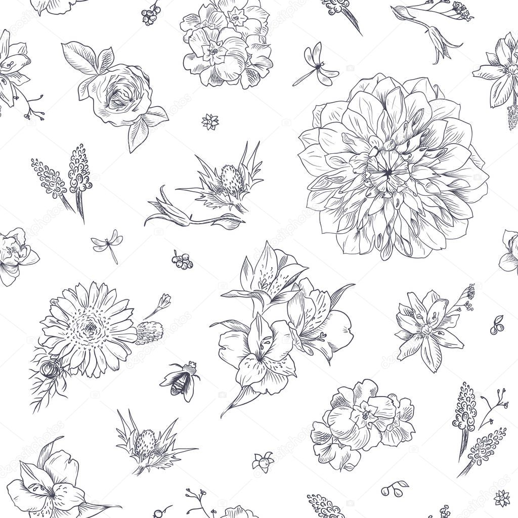 Pattern with floral ornament, toile de jouy. Garden flowers seamless background. Hand drawn illustration vintage style