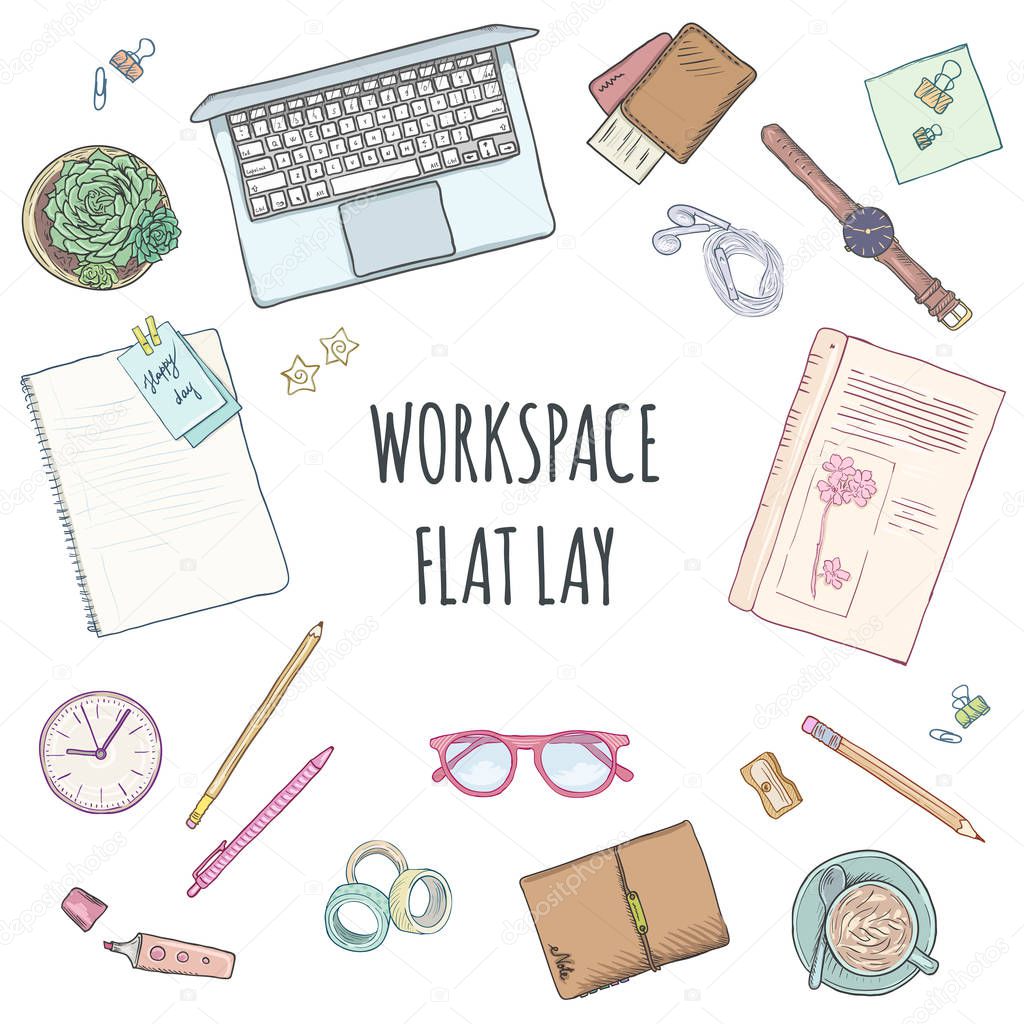 Top view of workplace, office supplies and gadgets. Flat lay view from above. Vector illustration creative study space
