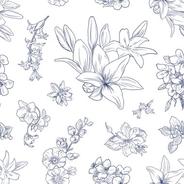 Zambak deseni, çiçek süsü, toile de jouy. Kusursuz arka plan. Vintage tarzında elle çizilmiş illüstrasyon