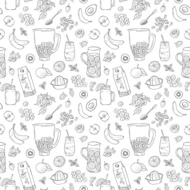 Smoothie doğal meyve sallamak. Superfood sağlık detoks diyet. Çizim stili vektör arka planı. El çizilmiş yaz meyve içeceği