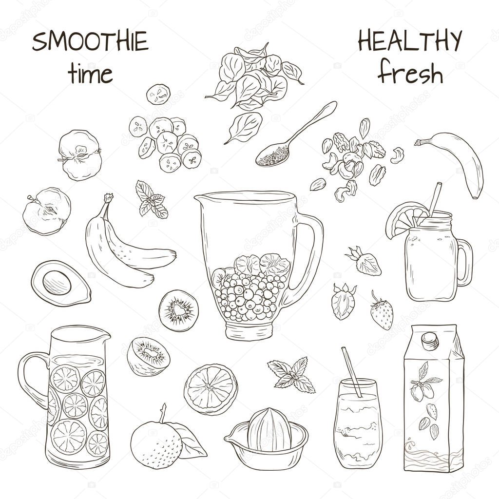 Smoothie natural fruit shake. Superfood health detox diet. Sketch style vector background. Hand drawn summer fruit drink