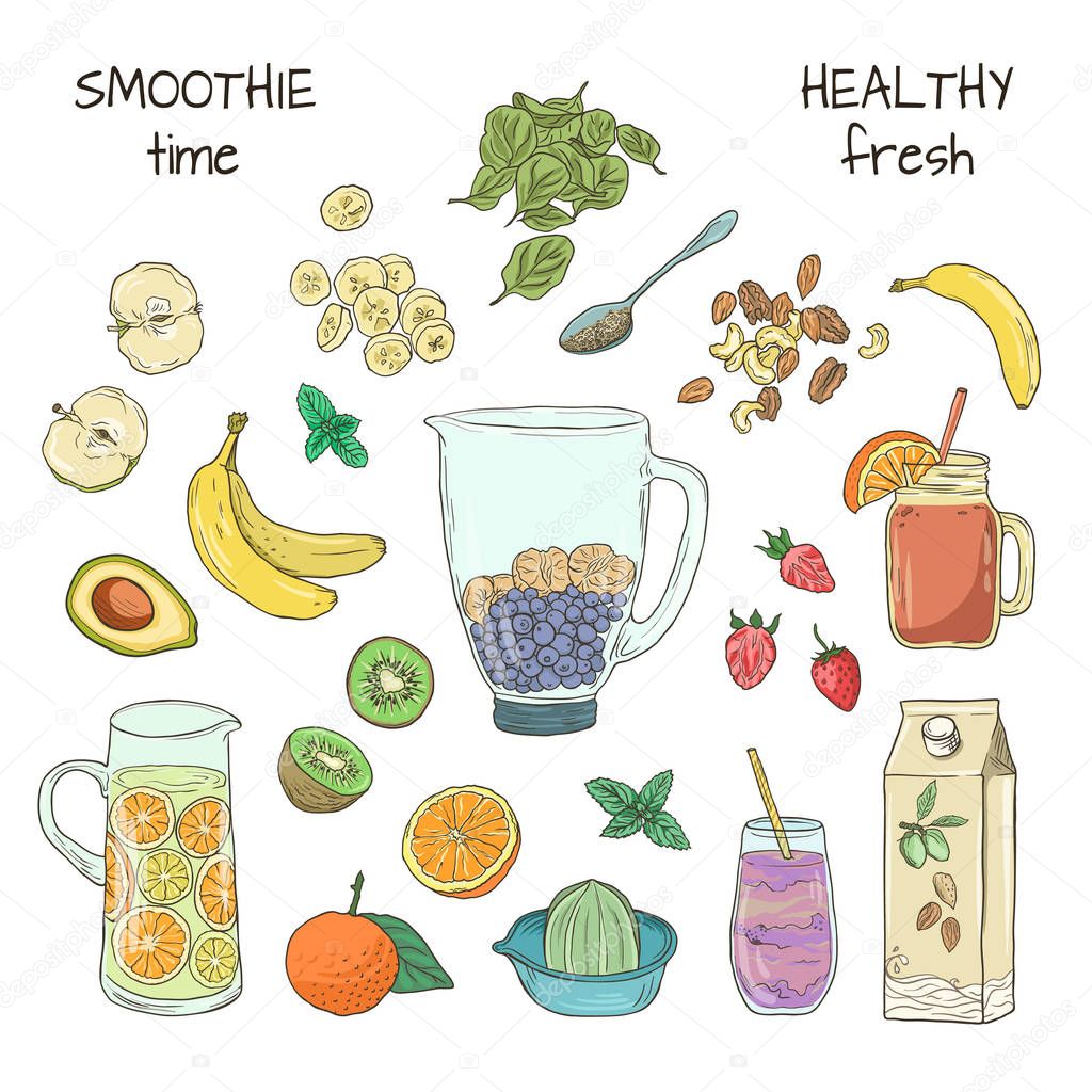 Fruit shake smoothie natural. Superfood health detox diet. Hand drawn summer fruit drink. Sketch style vector background