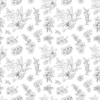 Zambak deseni, çiçek süsü, toile de jouy. Kusursuz arka plan. Vintage tarzında elle çizilmiş illüstrasyon