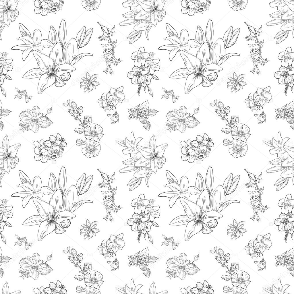Lily pattern, floral ornament, toile de jouy. Seamless background. Hand drawn illustration in vintage style