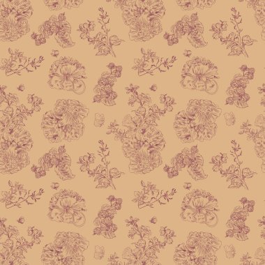 Dikişsiz çiçek desen ahududu, şakayık. Elle çizilmiş illüstrasyon kumaş, sarma