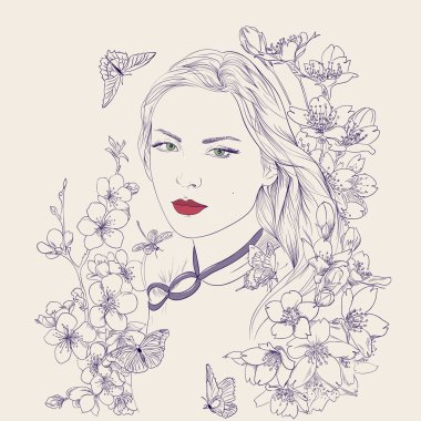 Genç güzel kadın portresi. Sakura çiçekleri çiçek açar. Romantik bayan kız