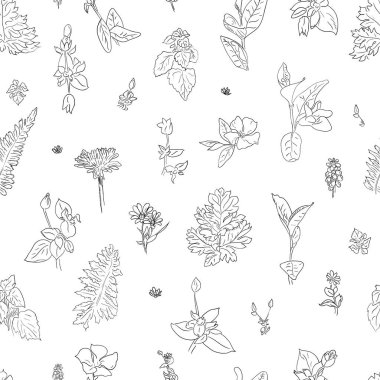 Otlar çiçek dikişsiz desen çizilmiş grafik doku arka plan, çizim duvar kağıdı