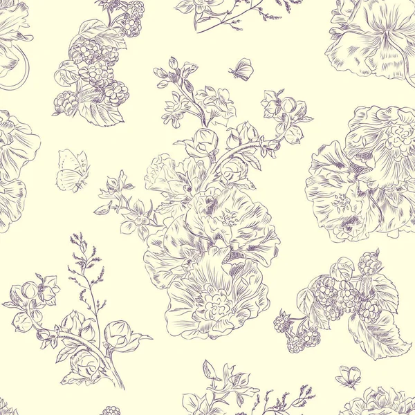 Nahtlose florale Muster Himbeeren, Pfingstrosen. handgezeichneter Illustrationsstoff, Verpackung — Stockvektor