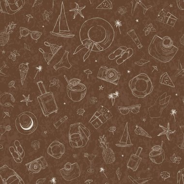 Seyahat simgeleri ile sorunsuz desen. Tatil, tatil, yolculuk. Elle çizilmiş vektör arka planı