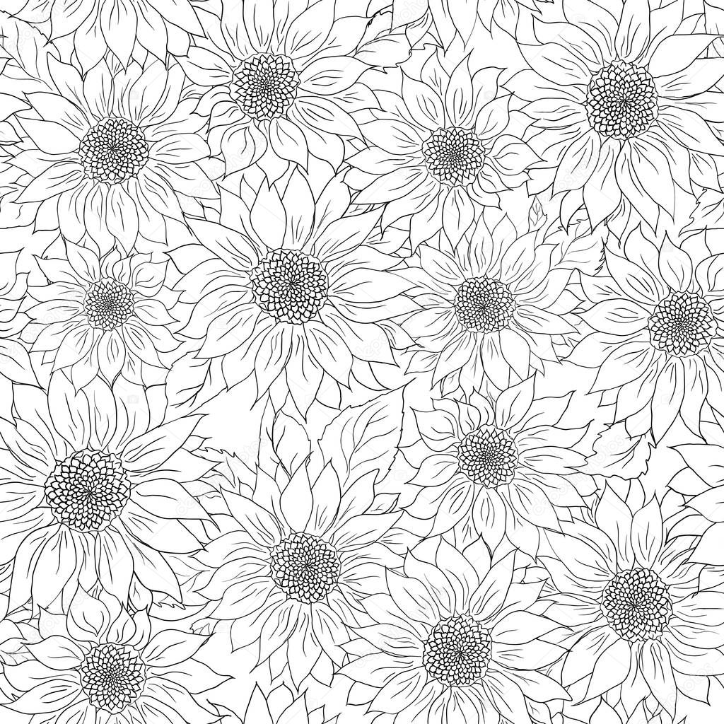 Hand drawn pattern sunflowers background. Flower black white. Packaging products