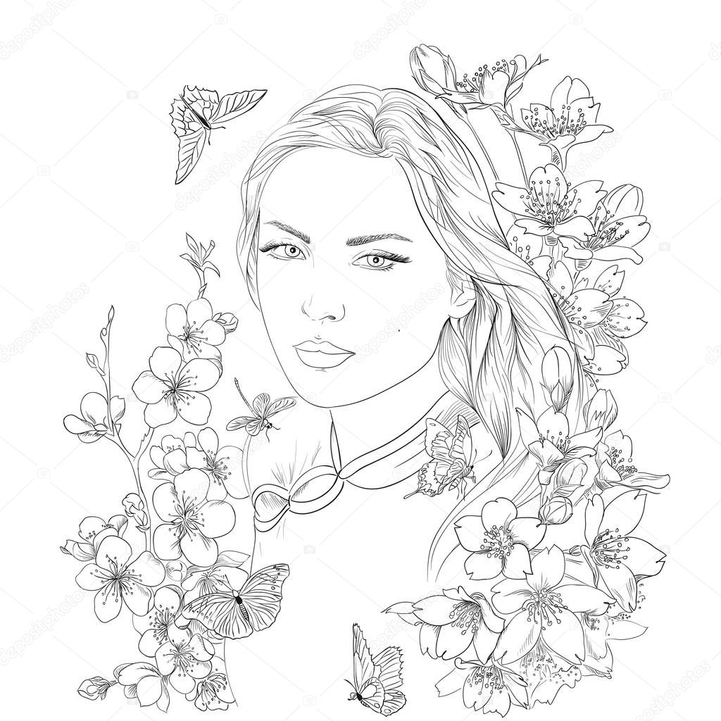 Young pretty woman portrait. Sakura flowers blossom. Romantic lady girl