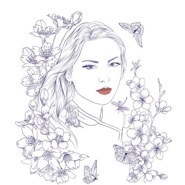 Genç güzel kadın portresi. Sakura çiçekleri çiçek açar. Romantik bayan kız