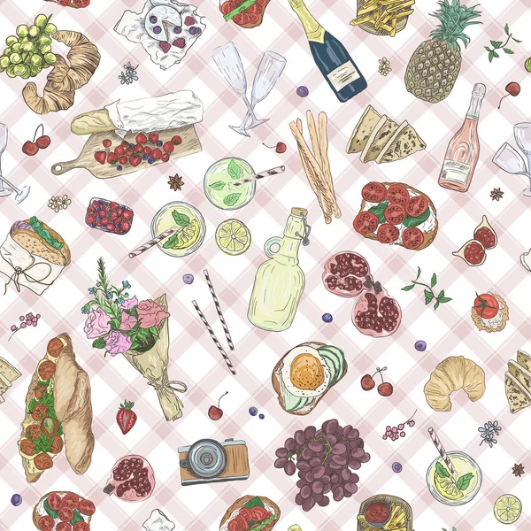 Zökkenőmentes háttér kézzel rajzolt piknik mintát. Vektoros illusztráció vázlatos romantikus elemek nyári élelmiszer-italok bor — Stock Vector