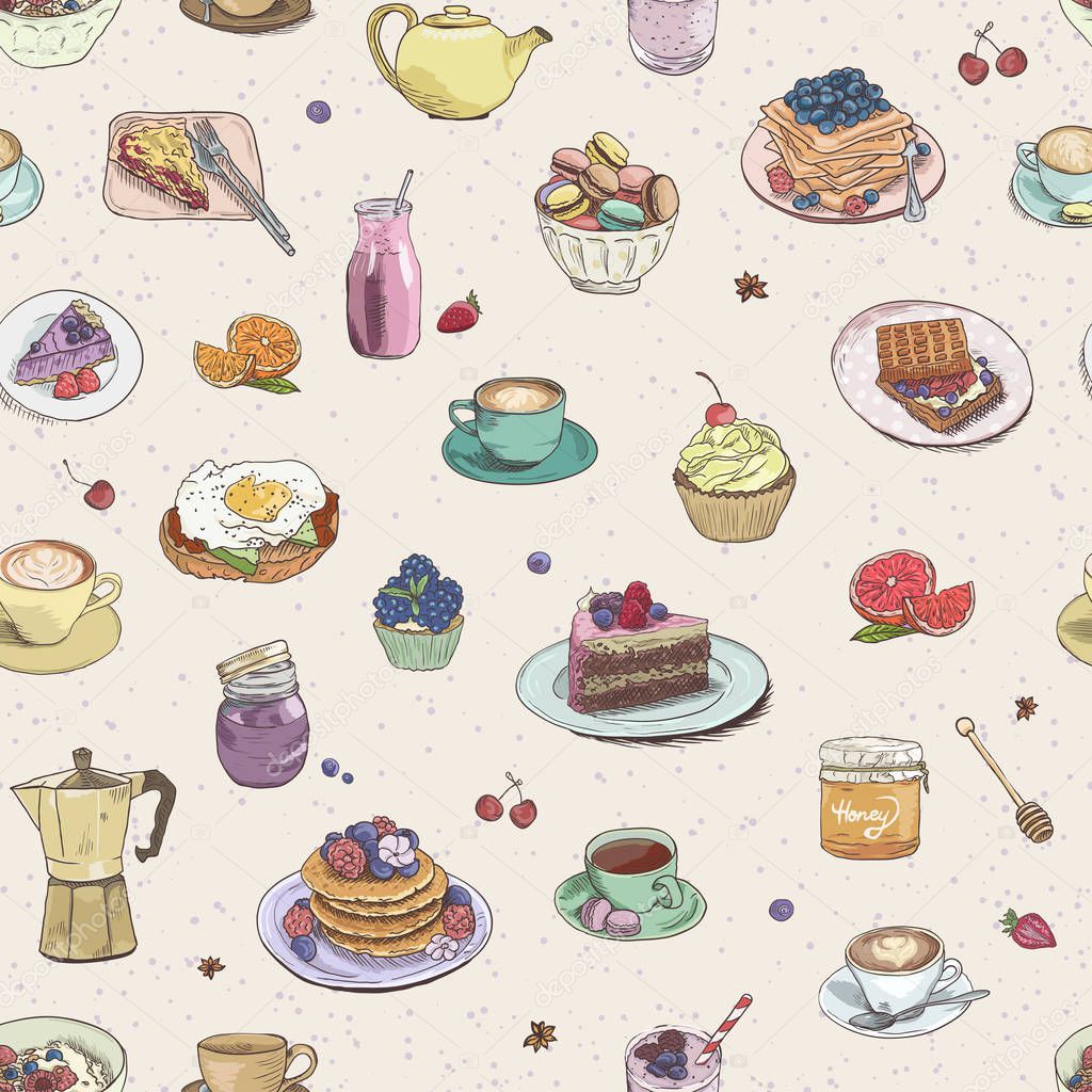 Seamless background Hand drawn coffee, tea, sweets pattern. Illustration delicious elements. Breakfast Food Drinks Cake