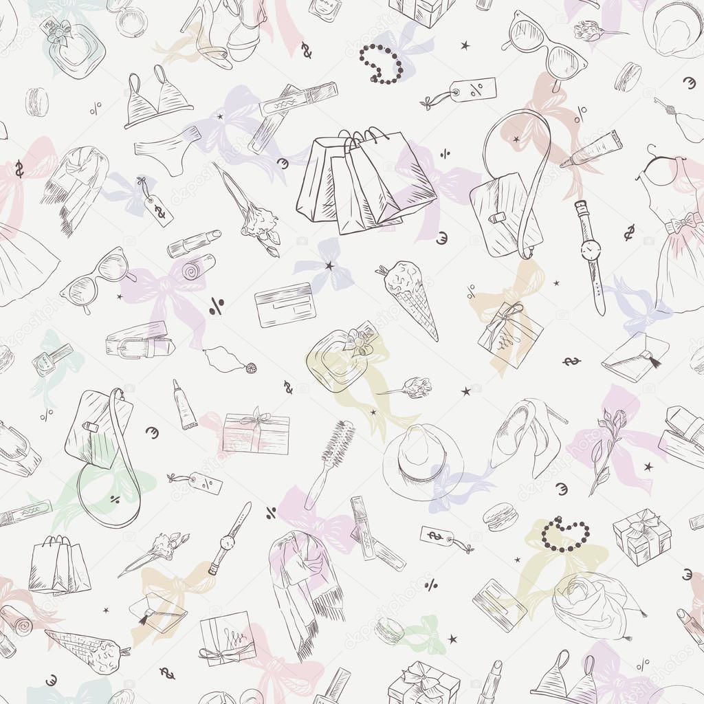 Seamless pattern with shopping icons. Woman holiday purchase, hand drawn background