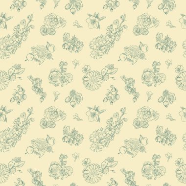 Wildflowers çilek dikişsiz desen El çizilmiş vektör illüstrasyon vintage tarzı Arka plan gooseberries, çilek