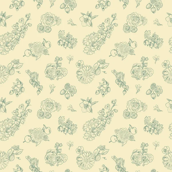 Wildflowers çilek dikişsiz desen El çizilmiş vektör illüstrasyon vintage tarzı Arka plan gooseberries, çilek