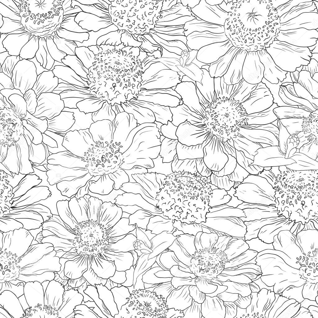 Hand drawn pattern floral background. Flower black line on white. Packaging, fabric, wrapping, prints, cards, wedding