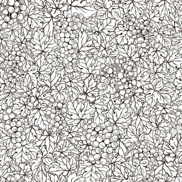 Hand gezeichnet nahtlose Muster Traube Hintergrund. schwarze weiße Linie Blätter — Stockvektor